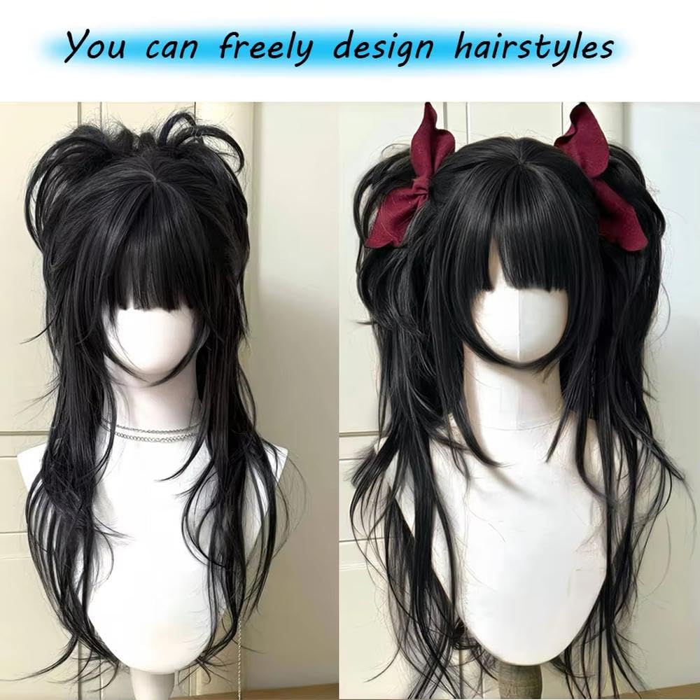Haarpflege Mädchen Blonde Lange Lockige Wellige Haarperücke Mit Pony Doppelpferdeschwanz Für Cosplay Party Alltagskleidung(Black)
