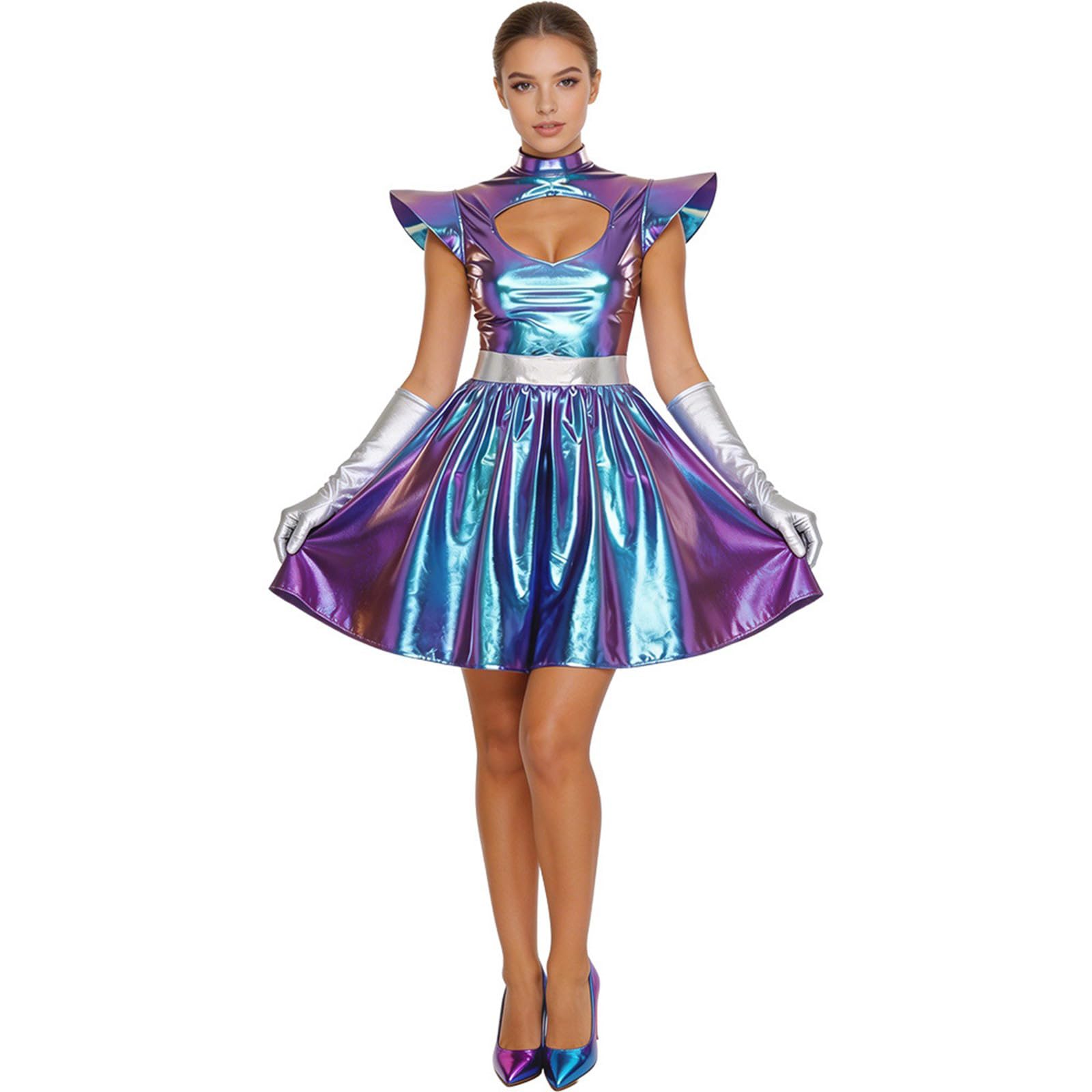 2Pcs Halloween Alien Costume Metallic Dress Gloves Set Robot Space Outfits for Cosplay Alien Costume Accessories