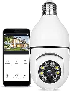 WiFi Light Bulb Camera/1080P Security Camera/2.4GHz WiFi Smart 360°Panoramic Indoor Surveillance Camera with Night Vision Motion Detection Alarm Two-Way-Talk Phone Remote View Outdoor (White-1pcs) asin的图片