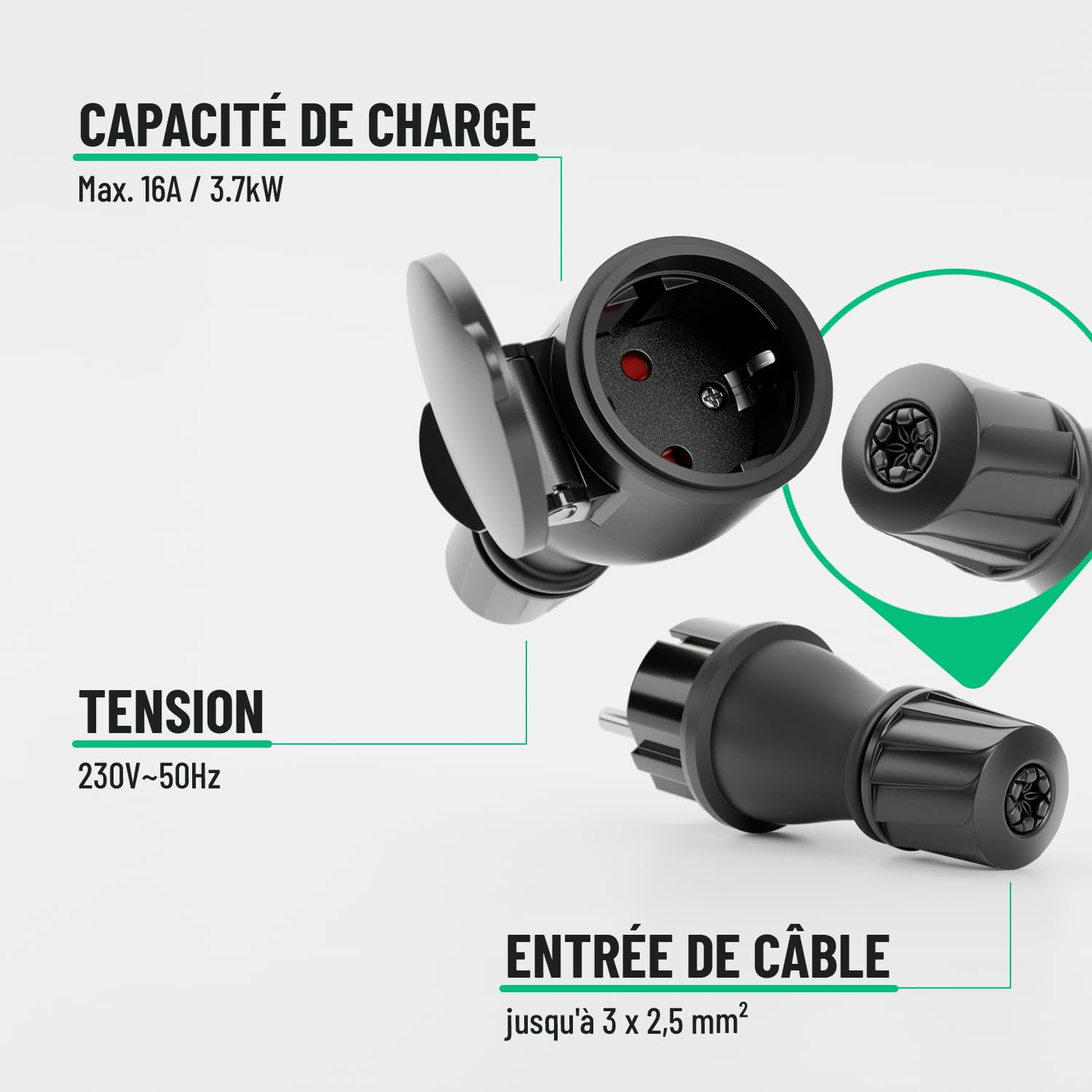 Lot de 1 prise mâle + 1 prise femelle Schuko étanche IP54 230V 16A 3,7kW