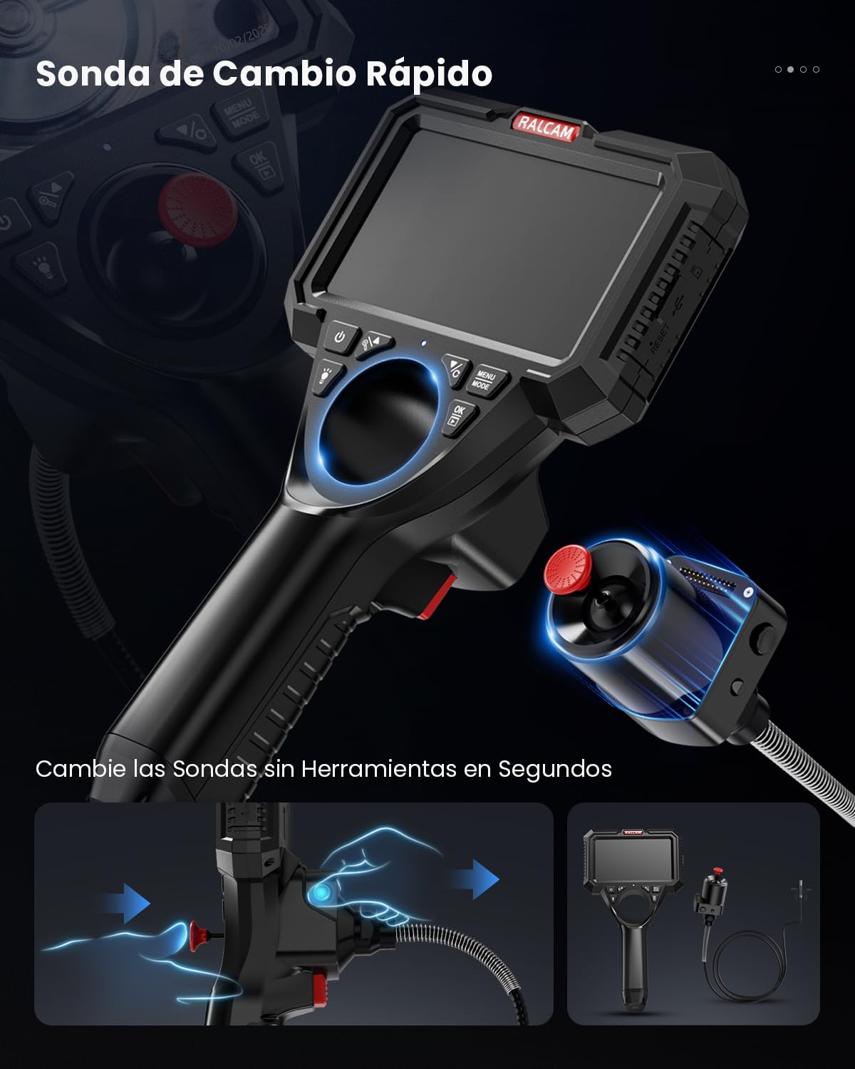 Ralcam Cámara Endoscópica Industrial con Cable de Serpiente Reemplazable, Pantalla HD de 5", Sonda Articulada 4 Vías y Joystick SUS304, Cámara 6,2 mm, Cable Impermeable, 1,5 m para Autos y Tuberías