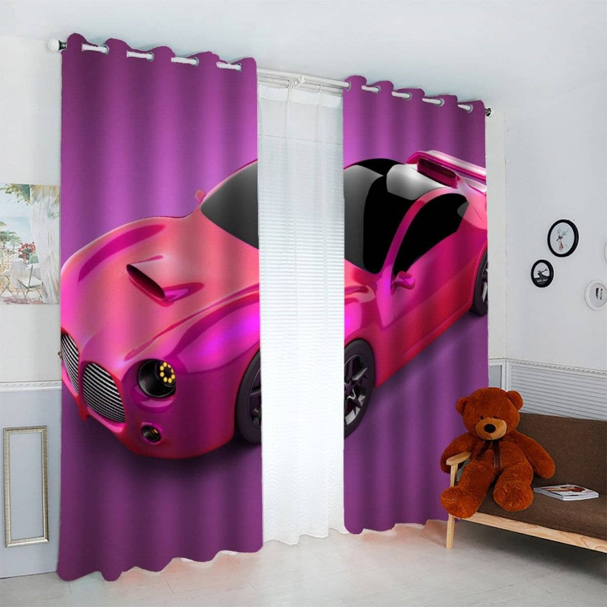 Zasłona zaciemniająca do samochodu sportowego zasłony z oczkami poliester 3D sypialnia izolująca termicznie zimno, moda różowa zasłona do pokoju dziecięcego (150 x 166 cm)