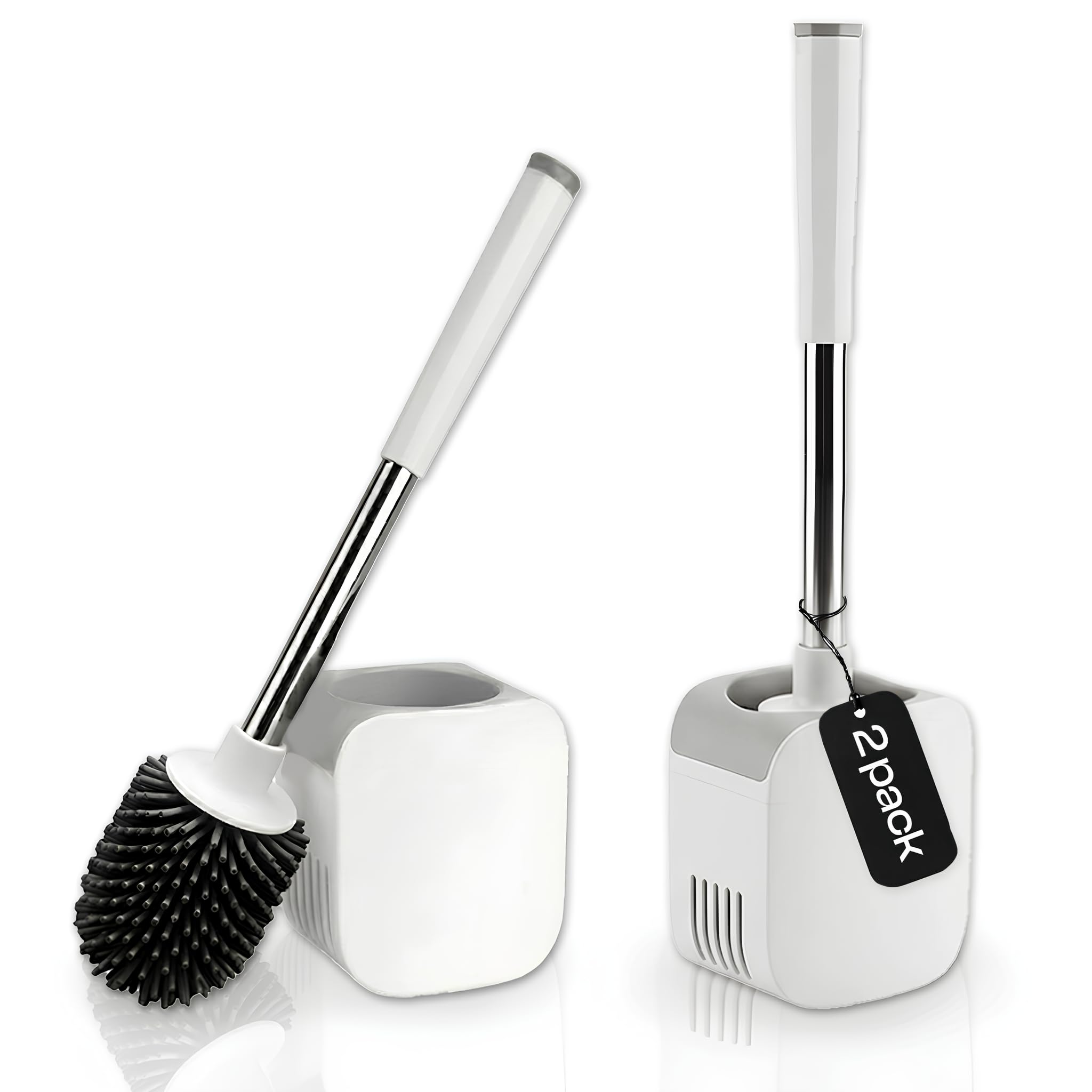 Silicone Toilet Brush with Holder | Pack of 2 | Freestanding or Wall Mounted Loo Brush | Hygienic TPR Bristles with Hidden Tweezers | White | Galatians®