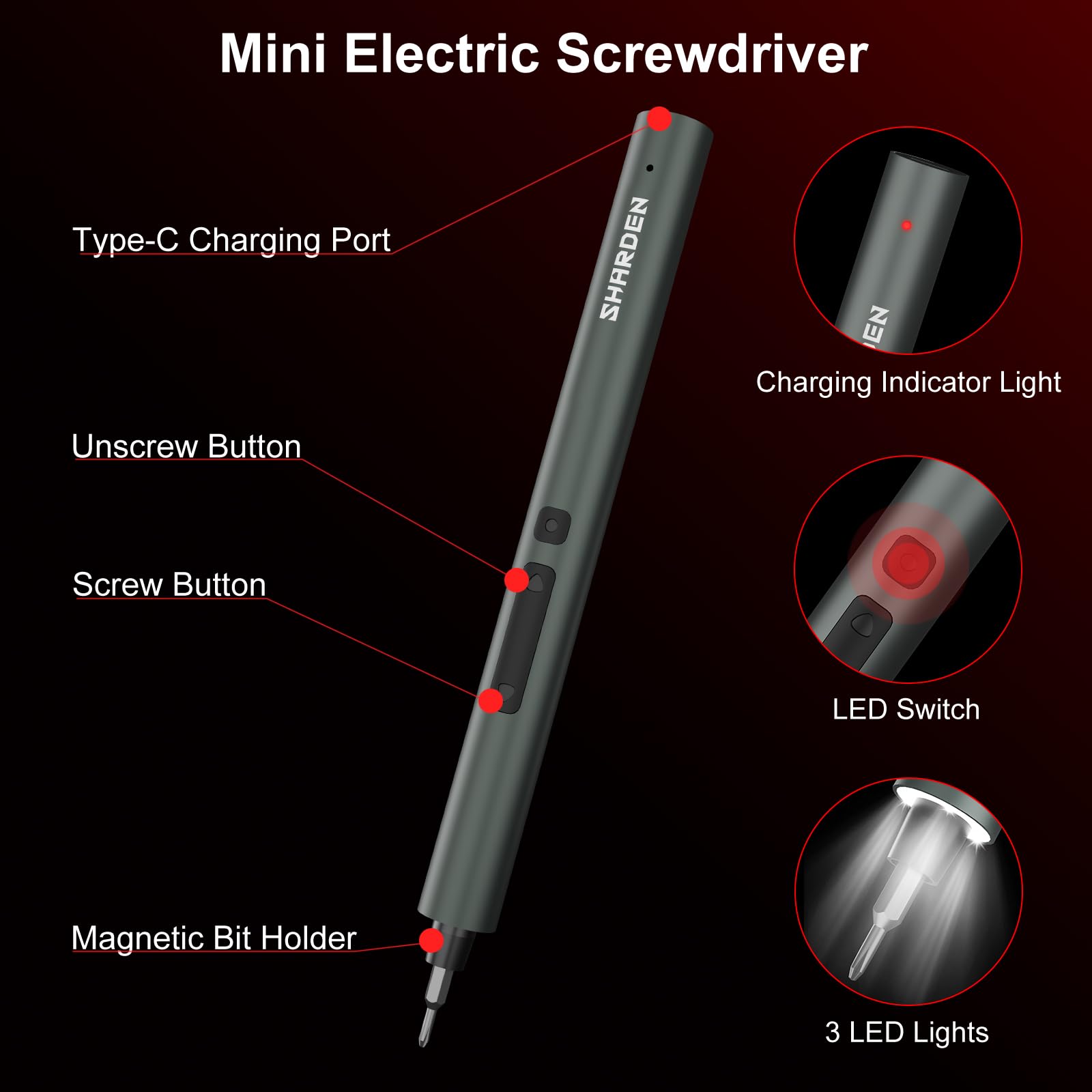 SHARDEN Mini set di cacciaviti elettrici 75 in 1, 71 punte di precisione S2, 3 luci LED, memoria magnetica, cavo di ricarica USB, mini cacciavite elettrico kit di riparazione per PC, elettronica