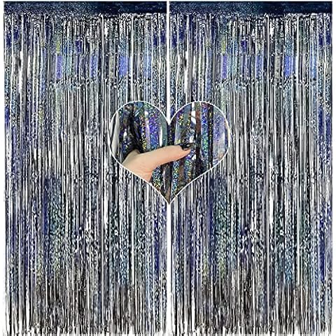 EMHTHME Pack of 2 tinsel curtains, black, metallic tinsel curtains, 1 x 2 m tassel foil curtain, metallic, for party decoration, wedding, Halloween, birthdays Cover
