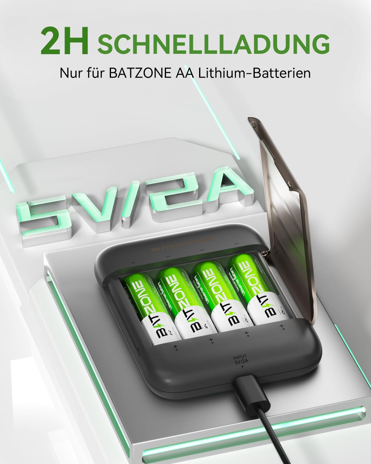 BATZONE Baterie litowo-jonowe AA 4-pak z ładowarką, 2500 mAh Wysoka pojemność 1,5 V baterie AA