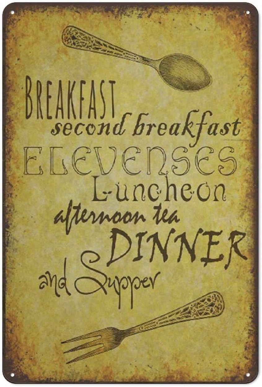 peiyeety Vintage Metal Tin Signs Second Breakfast,Elevenses,Kitchen Wall Retro Signs Funny Garage Man Cave Front Door Indoor Outdoor Office Garage Bar Cafe Wall Decor 8x12 Inch