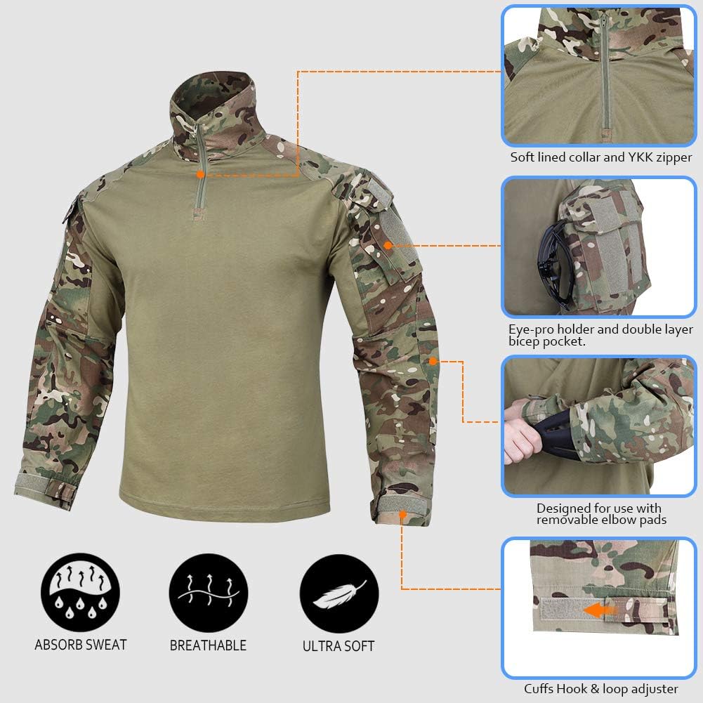 Hommes Tactique T-Shirt avec Coudières G3 Chemises de Combat pour Chasse Militaire Airsoft (MC, XXL)
