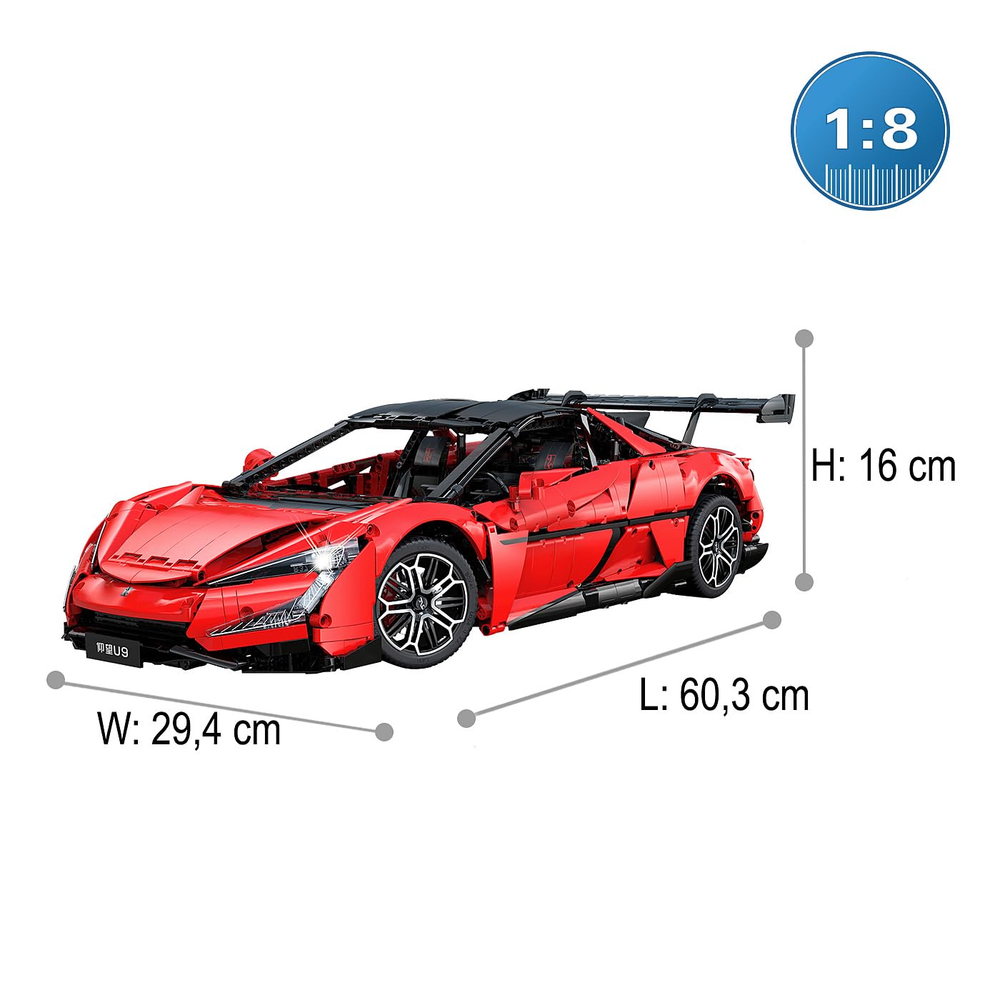 JAMARA 402924 CADA YangWang U9 1:8 rosso 2,4 GHz mattoncini RC per auto da corsa, modellino di auto sportive, telecomandato, controllo tramite app