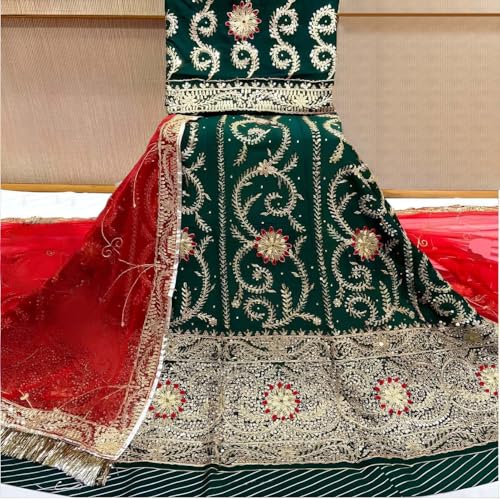 Image of Fancy Heavy Embroidery Work Shimmer Silk Semi-stitched Rajasthani Poshak Rajputi Lehenga Choli For Women