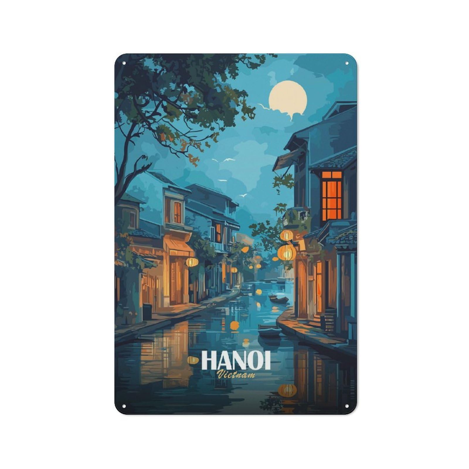 Junmoney Hanoi, Vietnam Canal At Night Nostalgic Decorative Tin Sign 30X20cm Featuring Old Style Wall Plaque For Kitchen, Hallway, Bar Or Small Cafe