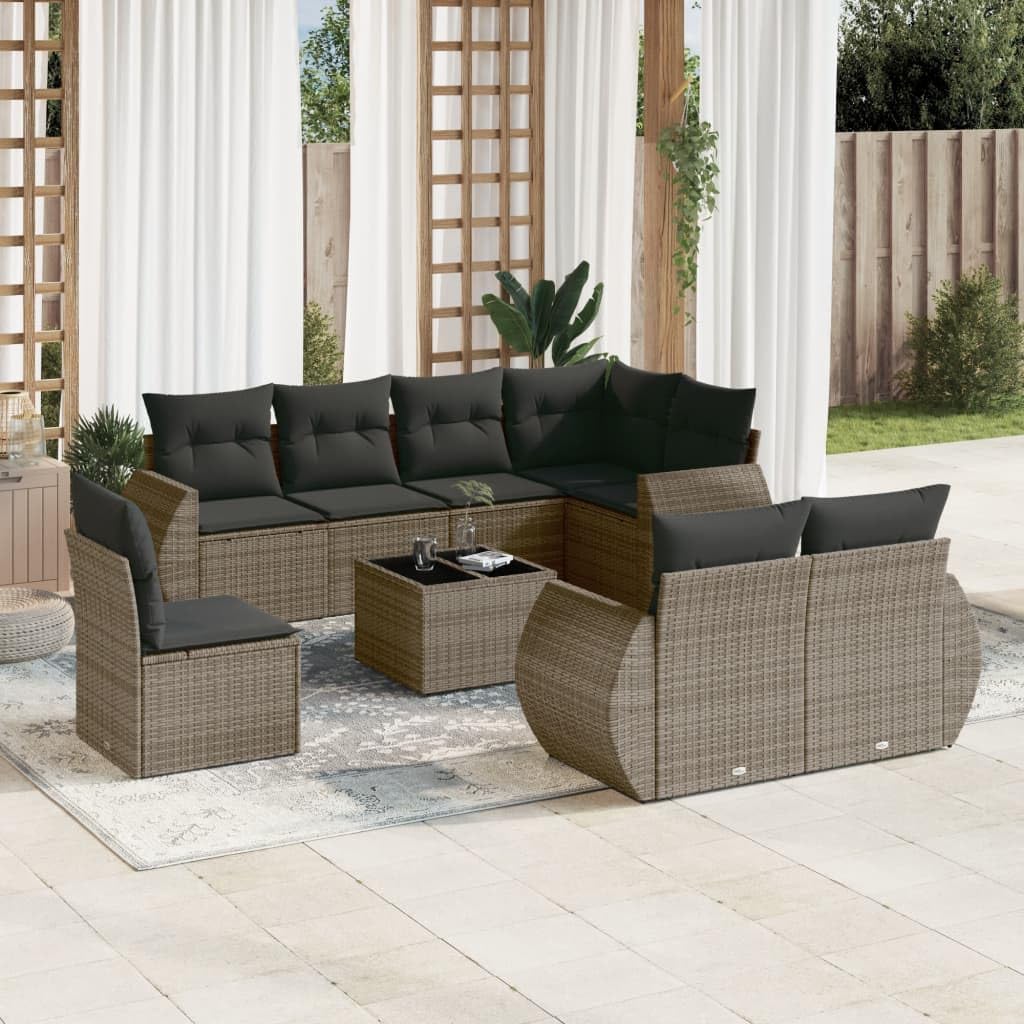 Set Divano da Giardino 9 Pezzi in Polyrattan con Tavolo Grigio | Salotto modulare da esterno per terrazzo e patio con cuscini imbottiti sfoderabili e piano in vetro temperato.