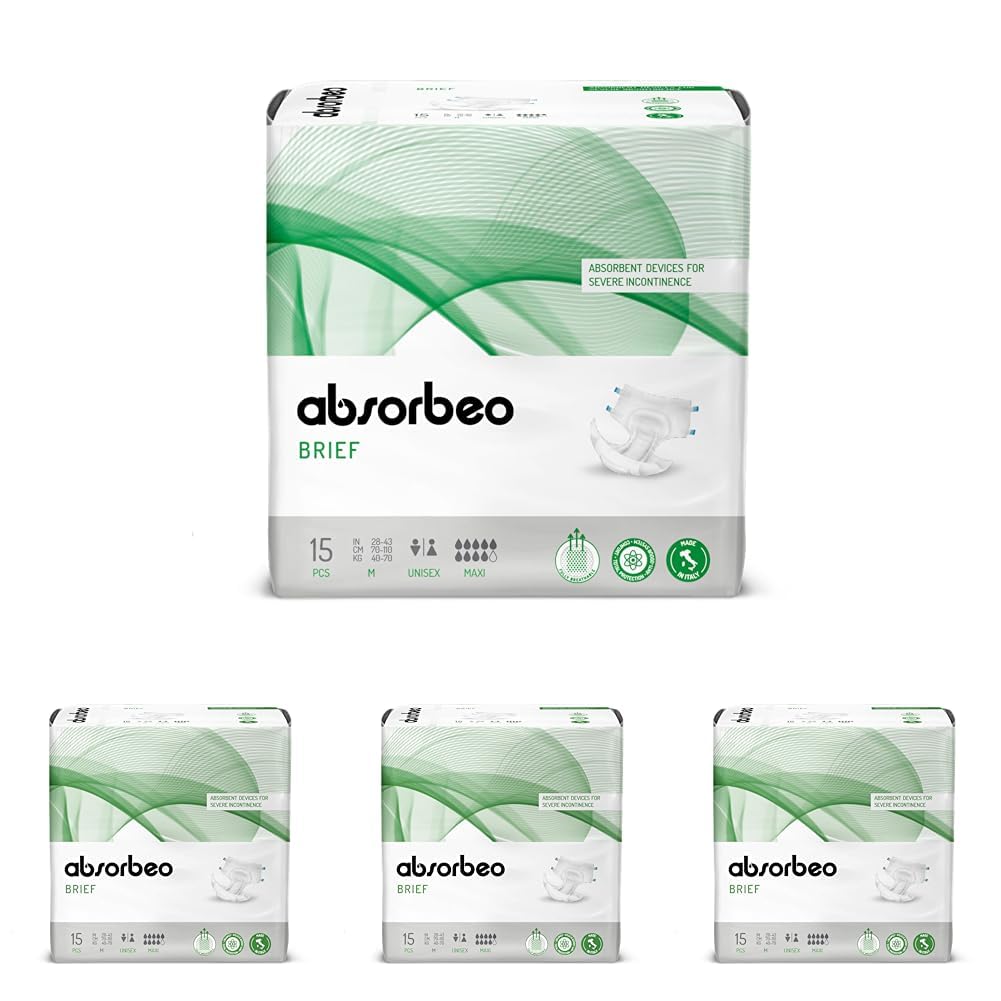 Absorbeo Windel Maxi 15 Stück, Saugfähiges Hilfsmittel für Schwere Blasenschwäche, Absoluter Komfort, Totaler Schutz, Anti-Odour-System, Vollständig Atmungsaktiv, Unisex, Größe M (Packung mit 4)