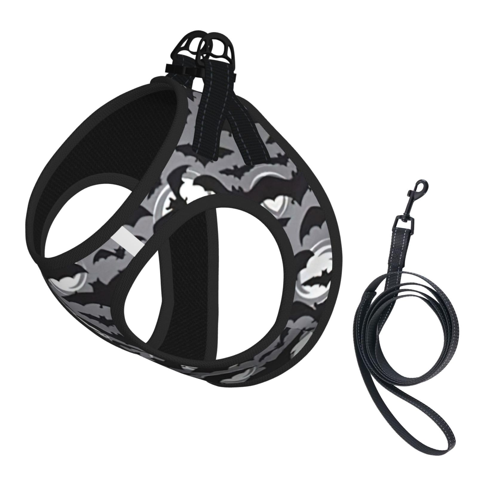 Halloween Bats Grey Print Small Dog Harness And Leash Set, Adjustable Soft Vest With 360° Reflective Straps For Cats Puppy