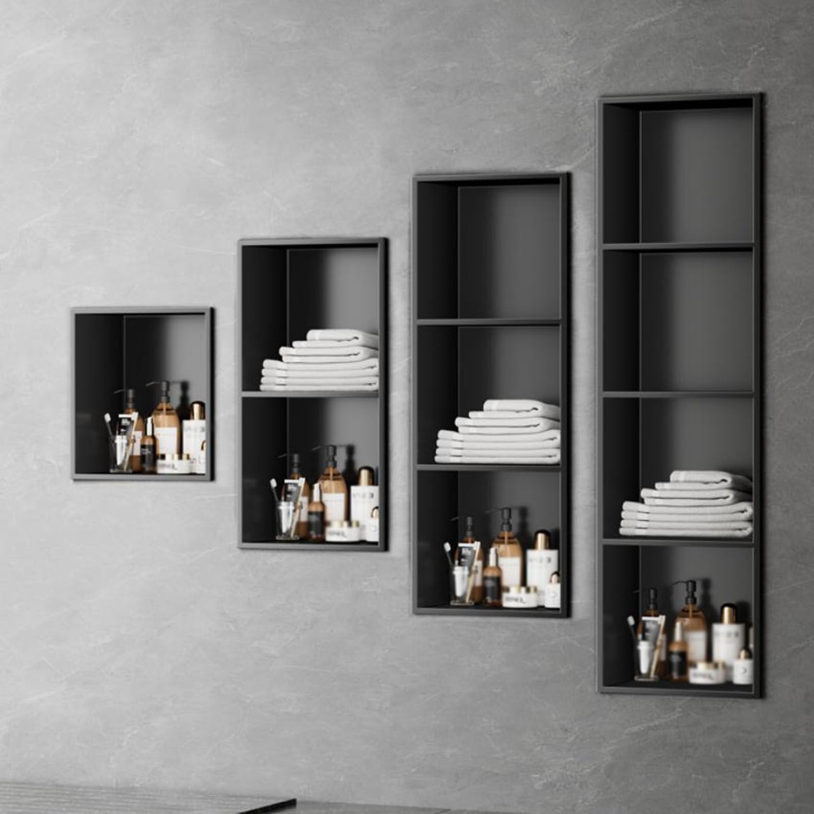 Douche acier inoxydable noir avec étagère 120x28cm pour salle de bain moderne