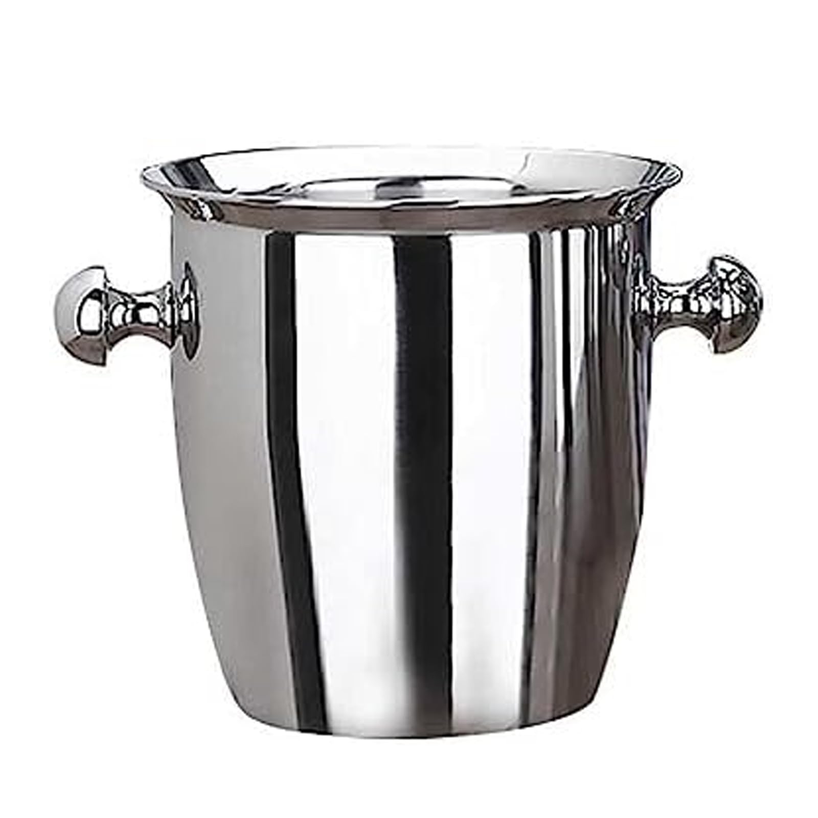 Cubo de hielo de acero inoxidable con asas ornamentadas, acabado de espejo pulido, diseño de rayas verticales, ideal para vino, champán y eventos de lujo