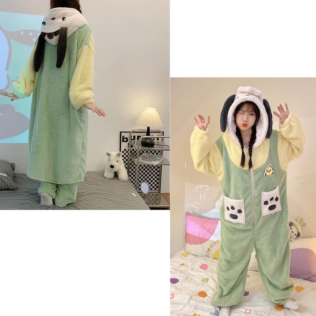 Brrioe Women's Cute Robe Button Bathrobe - Hooded Plush Sleepwear with Kawaii Pattern and trousers Sets