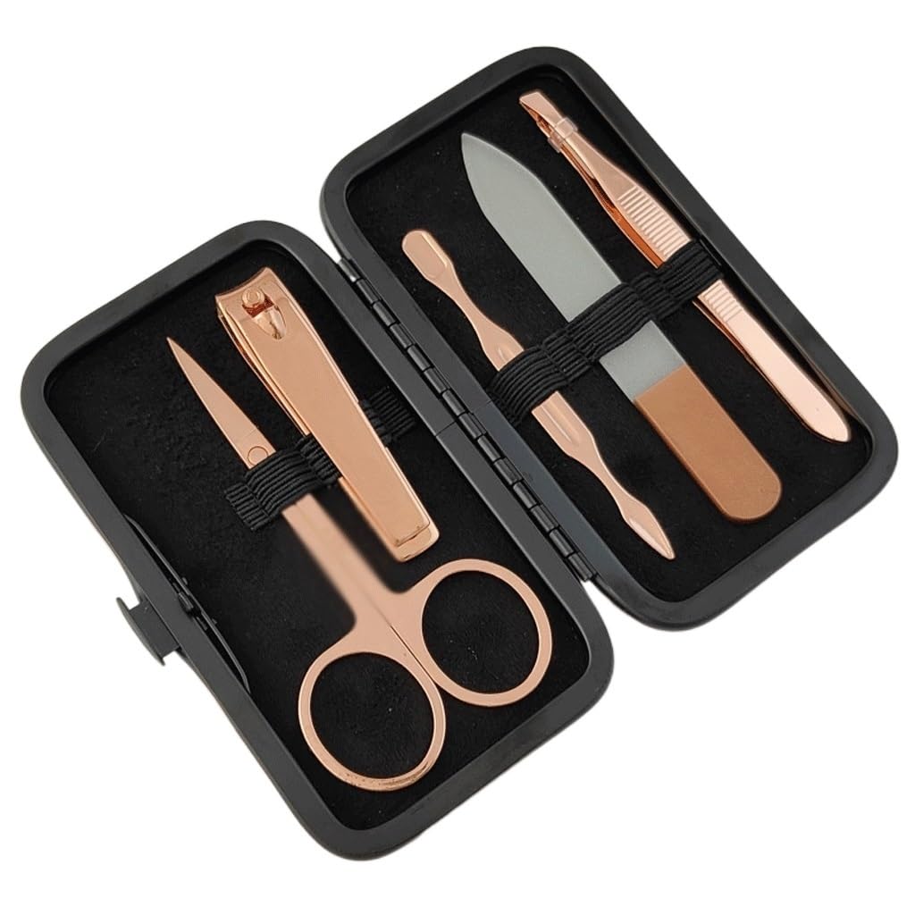 Rose Gold PU Storage Box Stainless Steel 5-Piece Nail Set Glass File Nail Pliers Manicure Tool