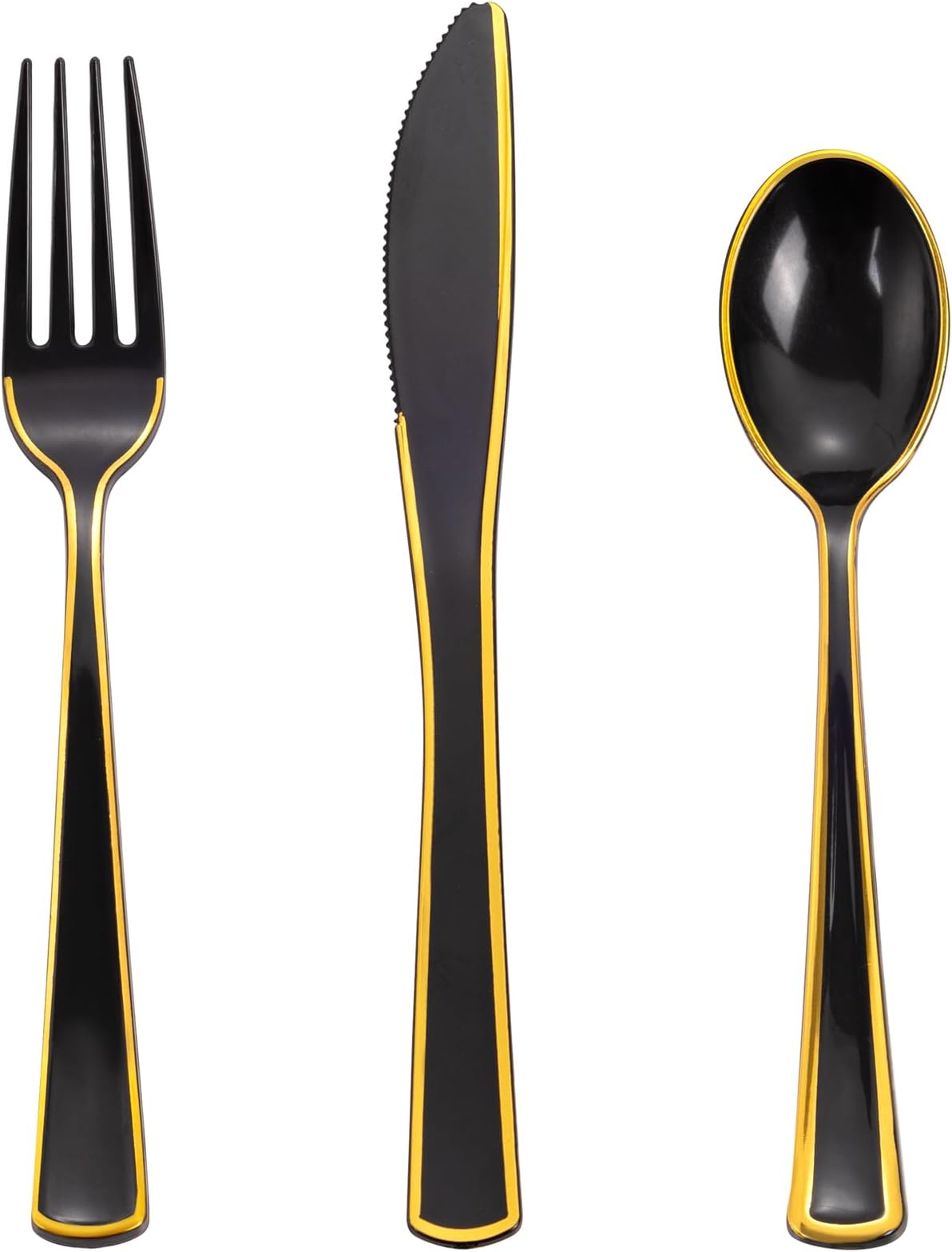 WDF 180 Pieces Black and Gold Plastic Silverware -Halloween Black Plastic Cutlery Incluede 60 Forks 60 Knives 60 Spoons Heavy Duty Disposable Flatware - Gold Utensils for Halloween/Party/Daily Use