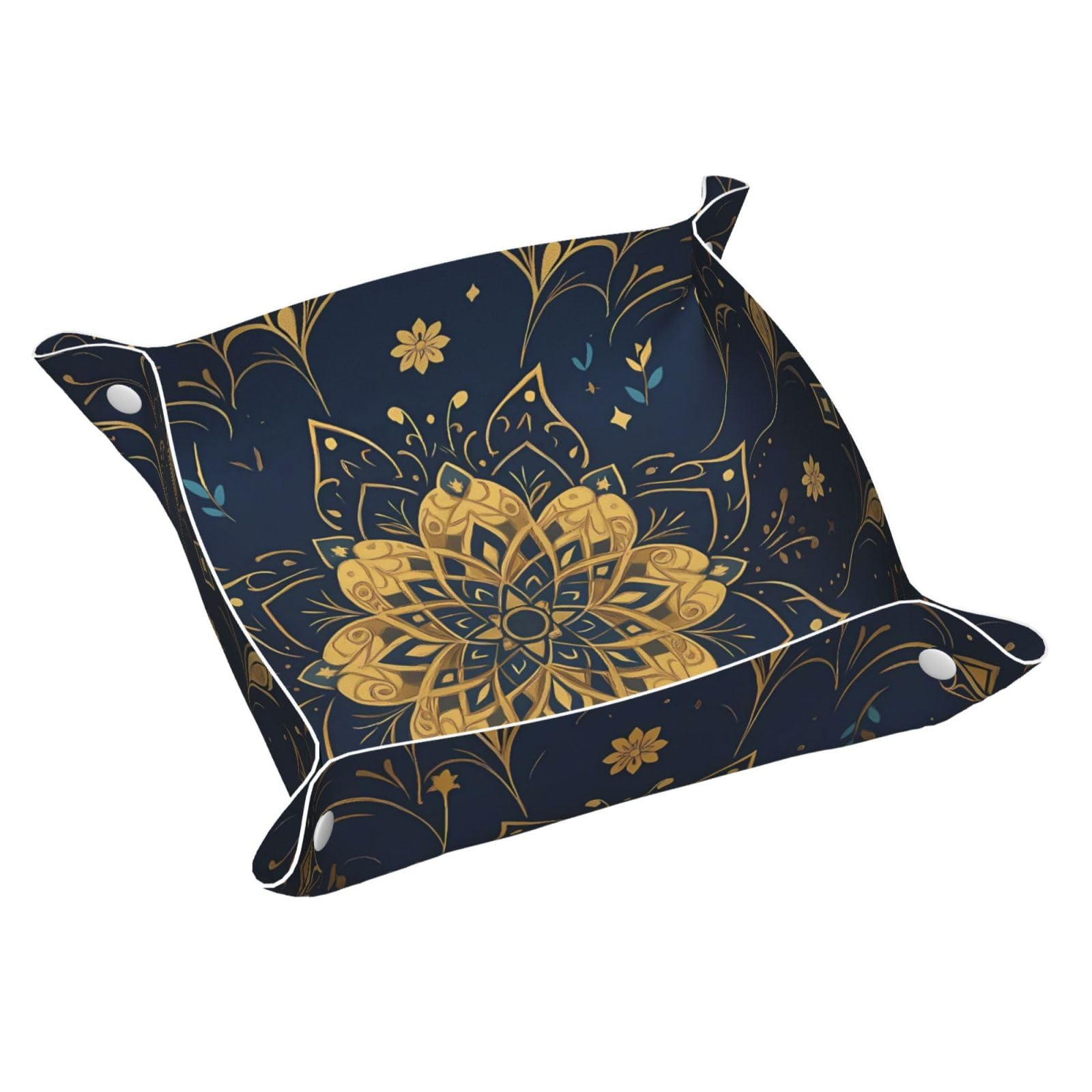 HLBSDM Deamy Blue and Gold Mandala Tray Men's Leather Valet Parking Portable Entrance Trays Bedside Storage Box