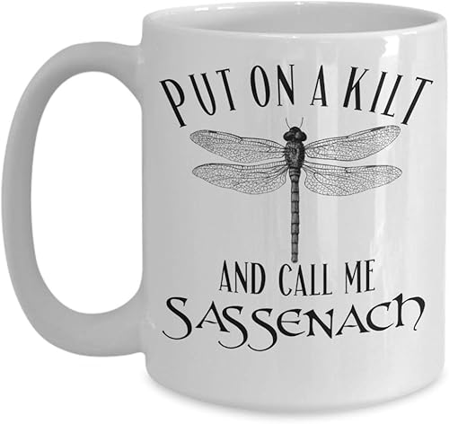 Ashton Books-n-Things Put On a Kilt and Call Me - Taza de café de cerámica blanca inspirada en Outlander de 15 onzas para mujeres, hombres, él, su