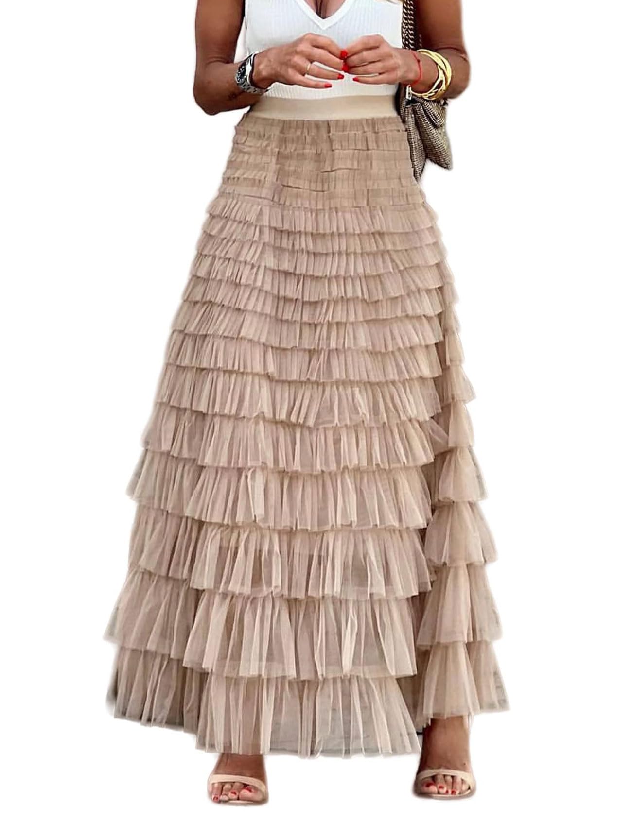 Flygo Womens Long Maxi Tulle Skirts A Line Ruffle High Waisted Tiered Layered Mesh Tutu Skirt Petticoat