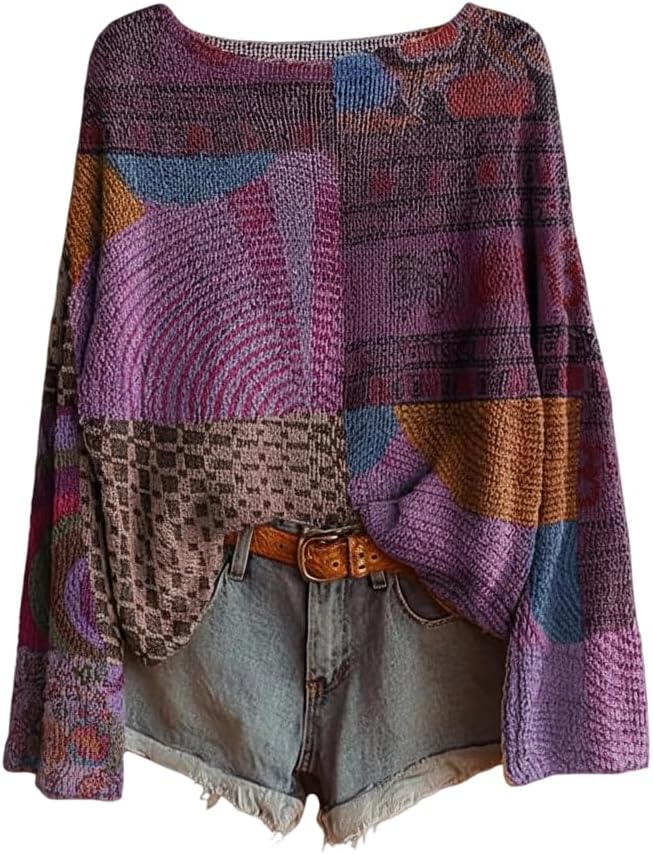 Women's Oversized Crewneck Knit Sweater Boho Long Sleeve Pullover, Soft Lightweight Loose Fall Winter Casual Daily Top