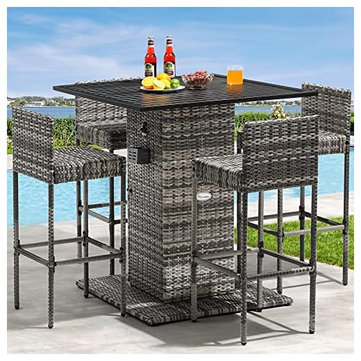 YITAHOME 5-Piece Outdoor Wicker Bar Set with Built-in Bottle Opener, Hidden Storage Shelf, Metal Tabletop, 4 Stool with Backrest for Patios, Backyards, Porches, Gardens, Poolside (Gray Gradient)