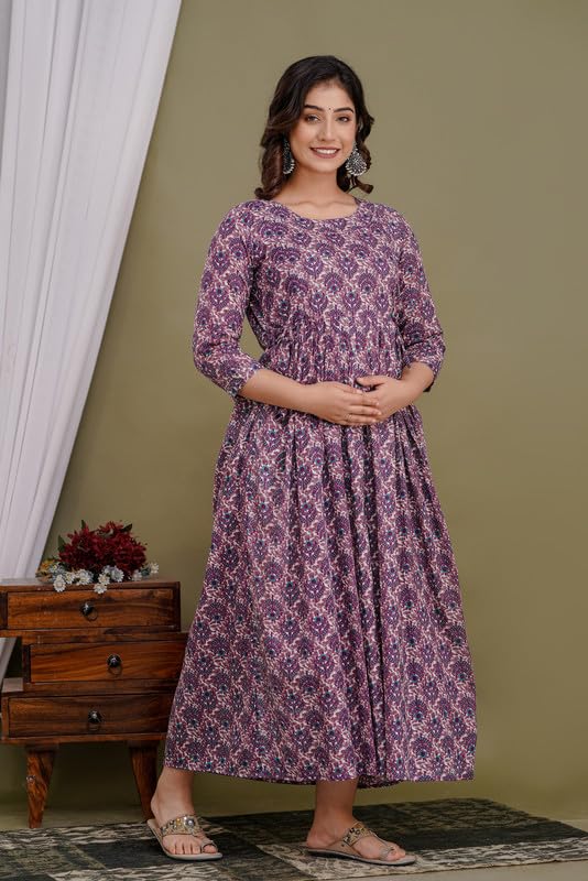 Image of Women's Pure Cotton Printed Maternity Gown /Maternity wear /Feeding Gown A-line Maternity Feeding Dress Maternity Kurti Gown for Women