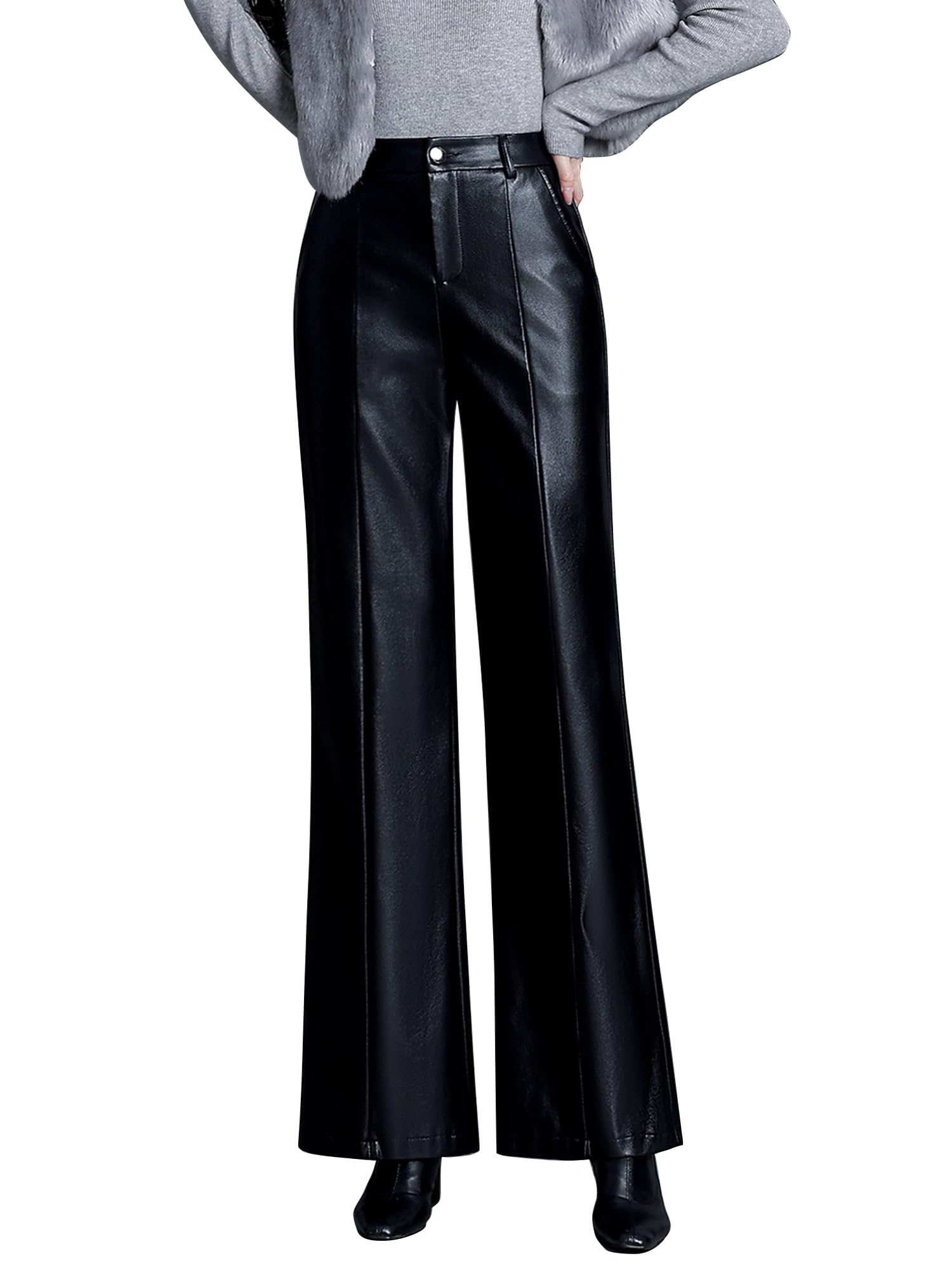 Womens Faux Leather Pants High Waist Flare Wide Leg PU Leather Trousers