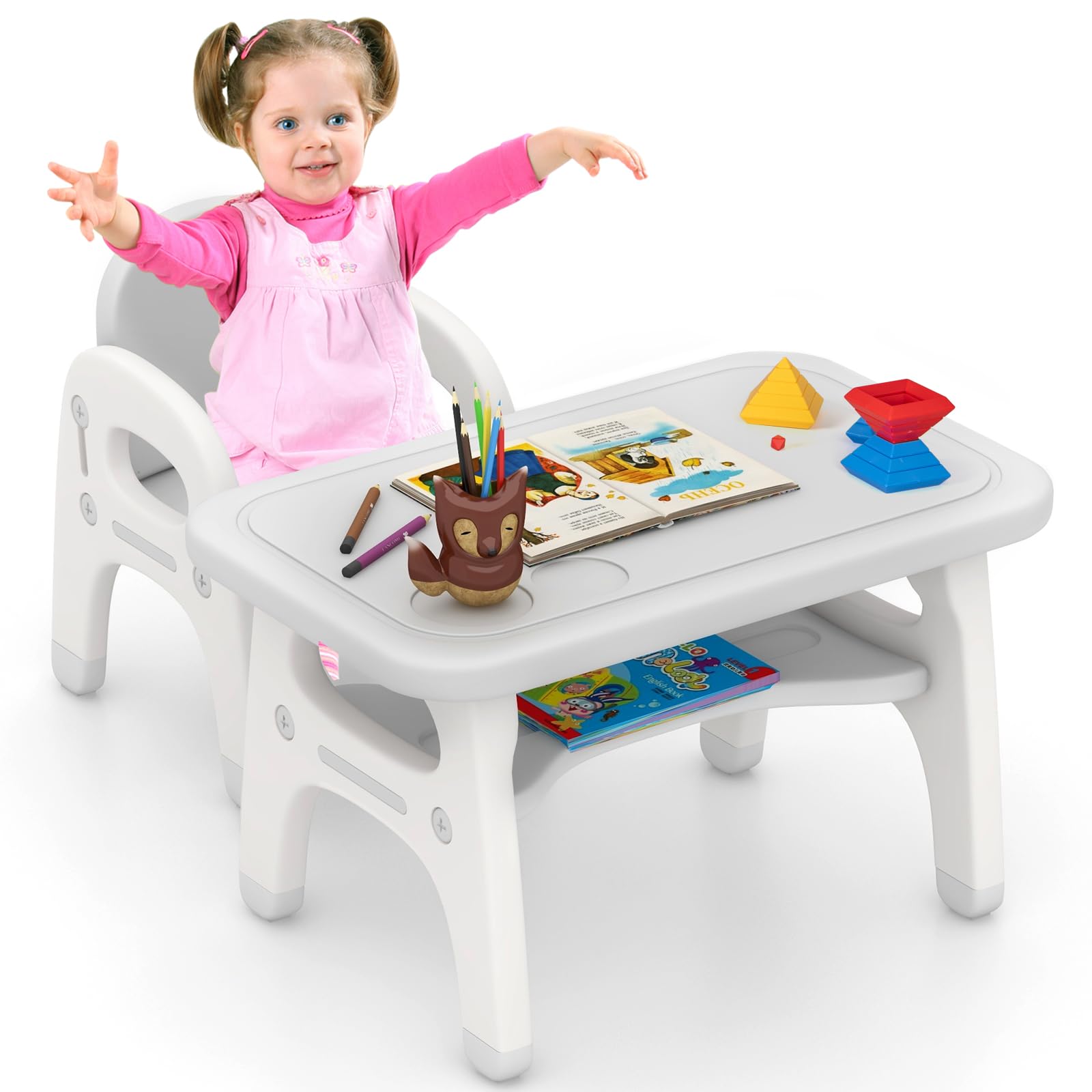COSTWAY Tavolo e Sedia per Bambini Dinosauro Set Scrivania Attività Artistiche Studio 1-5 Anni Grigio