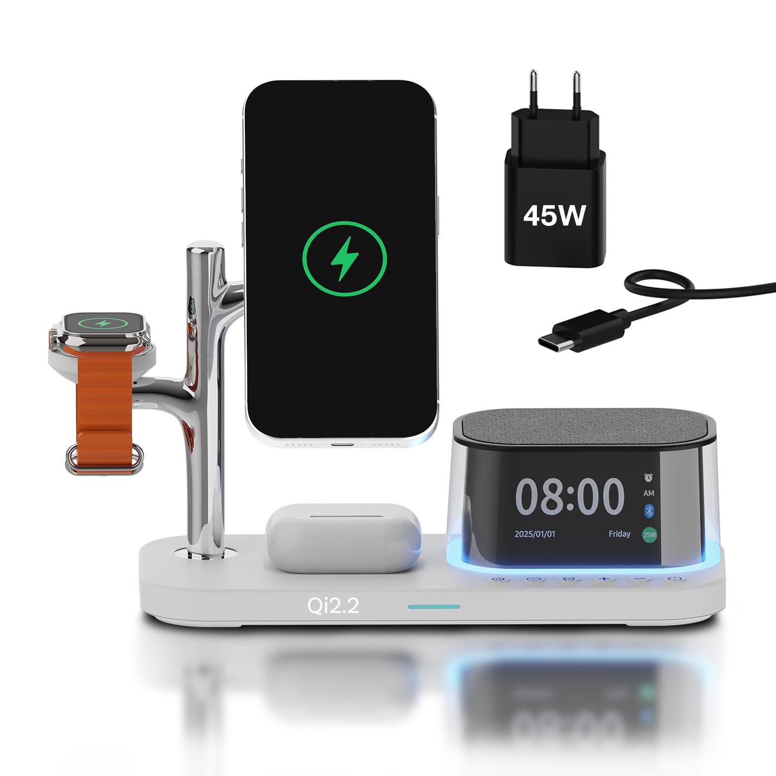 Chargeur sans Fil 5-en-1 avec Réveil, Haut-Parleur Bluetooth & Veilleuse LED pour MagSafe par MMOBIEL – Station de Charge sans Fil Qi2.2 25W pour iPhone, Apple Watch & AirPods – Blanc