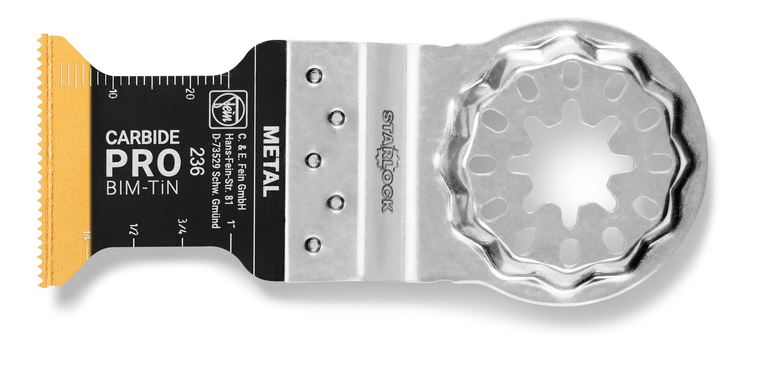 FEIN E-Cut Carbide Pro Lama da taglio in profondità, conf. 1 pz., Larghezza 32 mm, Lunghezza 40 mm, Attacco Starlock, Lama in metallo duro con rivestimento in TiN estremamente resistente all’usura