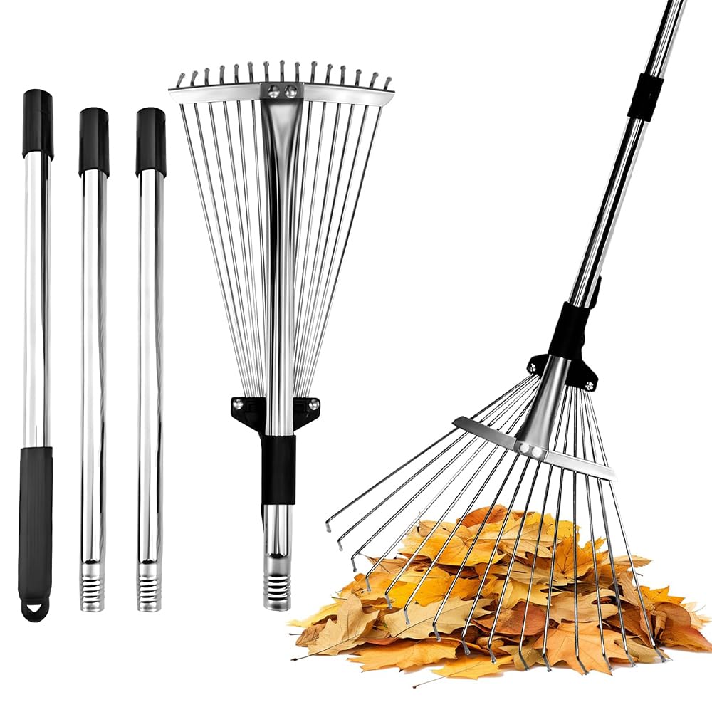 Peldris Leaf Rake, 15 Tine Adjustable Garden Rake 87-169cm with Expandable Head 20-44cm, Lightweight Lawn Rake for Gardening, Versatile Garden Tool Rake for Leaves, Lawn & Yard