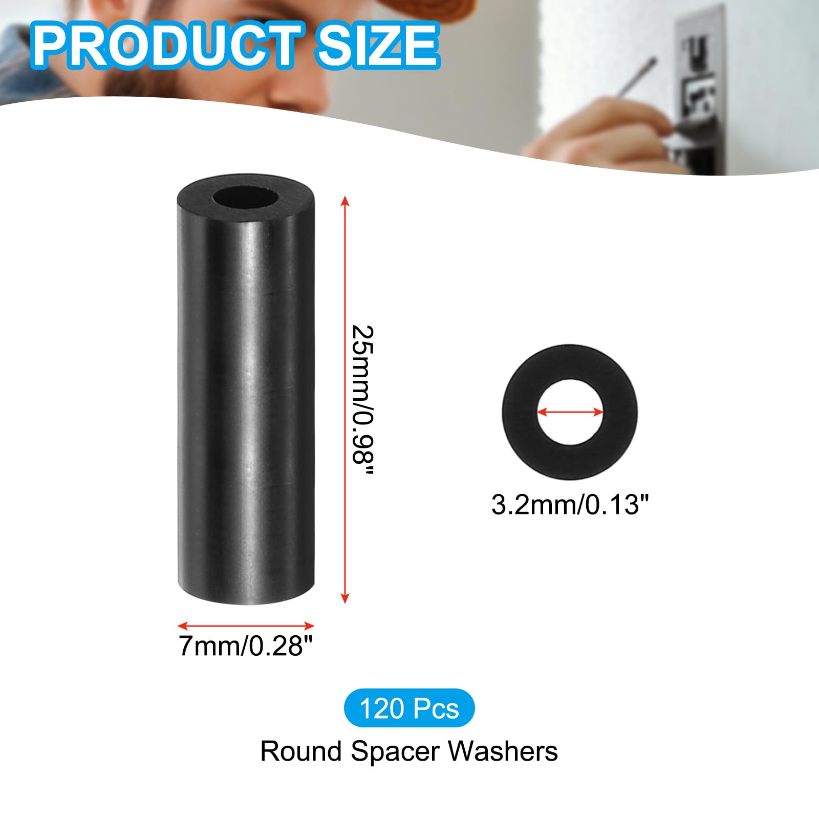 PATIKIL M3 Black ABS ID 3.2mm,OD 7mm,Length 25mm, Nylon Round Spacer Washers - Image 2