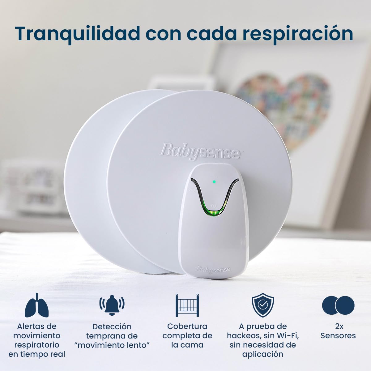 Babysense Monitor para Bebés con Alertas de Respiración en Tiempo Real, Notificaciones de Irregularidad, Certificación Médica Monitor sin Contacto, Cobertura Completa con 2 Sensores