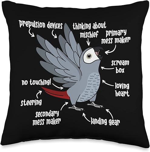 Funny Birds Gifts for Birders and Bird Breeders Parrot Anatomy I - Almohada gris africano 16 x 16 pulgadas multicolor