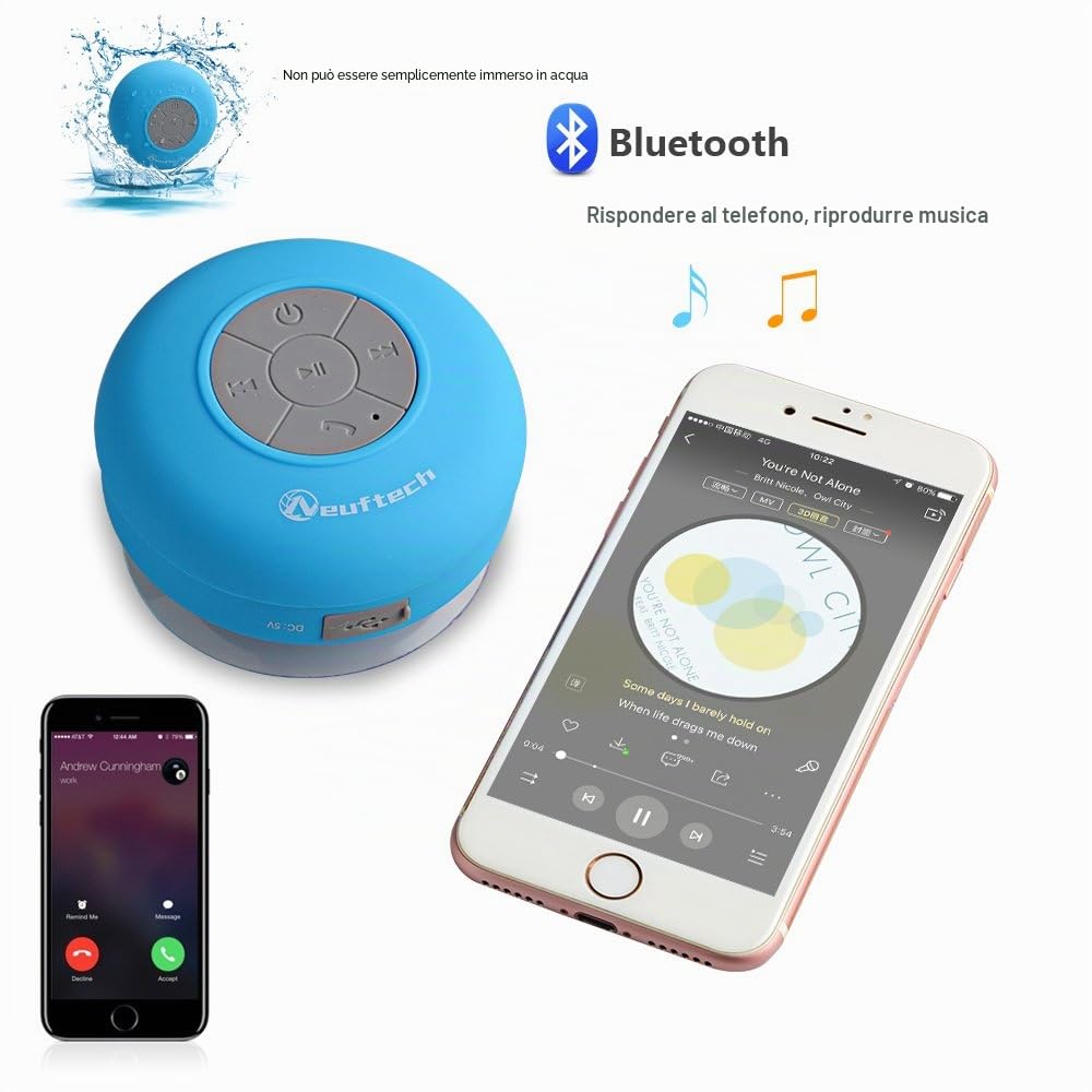 bluetooth Cassa Altoparlante Impermeabile da Doccia - Wireless Speaker Waterproof Con Microfono Integrato Per Smartphone iphone,Samsung, HTC, Mp3 Player ecc - Azzurro