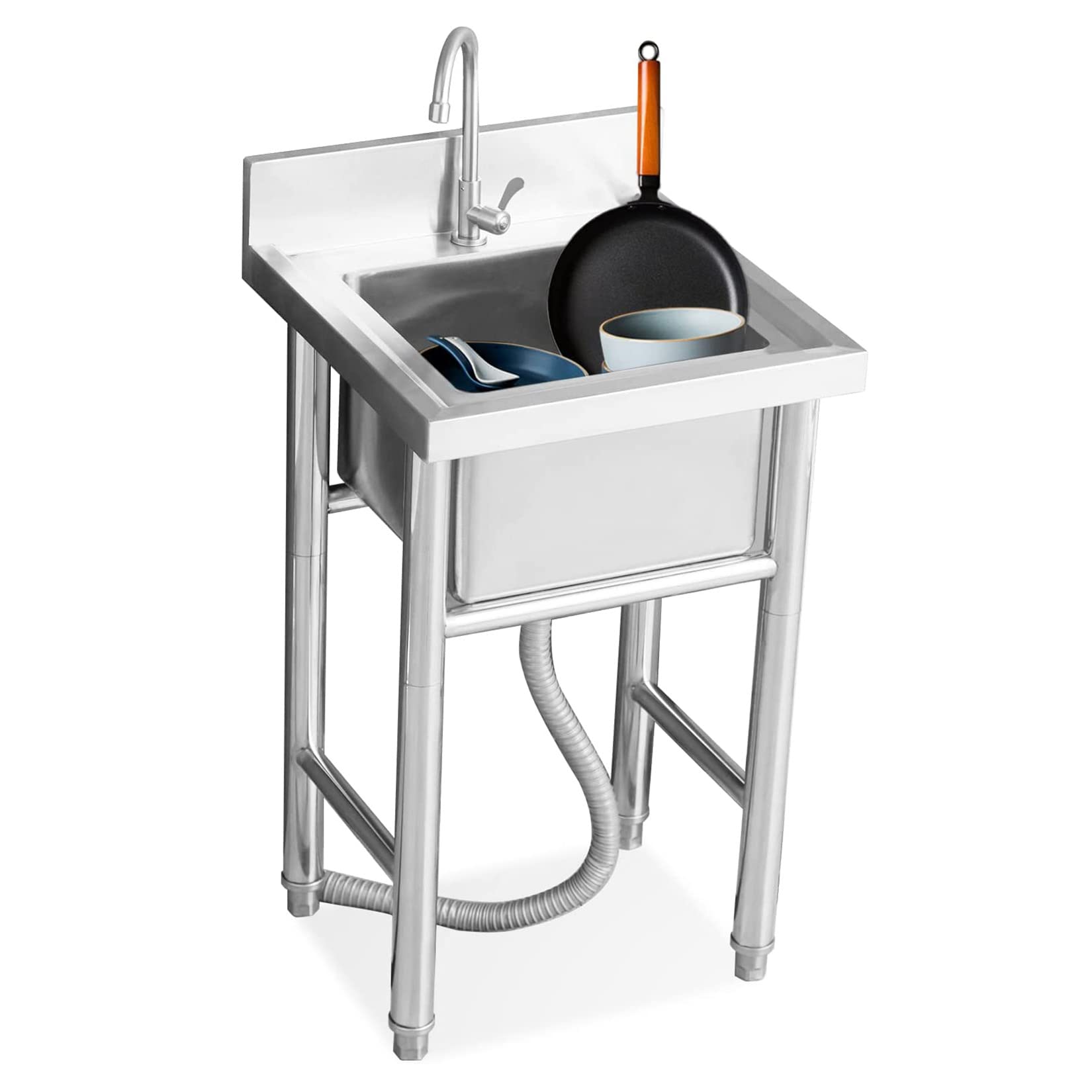 HCZKIUJY Kitchen Utility Sink,Single Bowl 1 Compartment Freestanding Utility Sink with St+, 304 Stainless Steel Commercial Kitchen Faucet, H+ Wash for Restaurant, Laundry, Garage,(60x60x80cm)