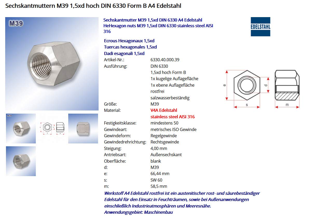 Tuerca hexagonal M39 1,5xd DIN 6330, acero inoxidable A4 (1, M39).