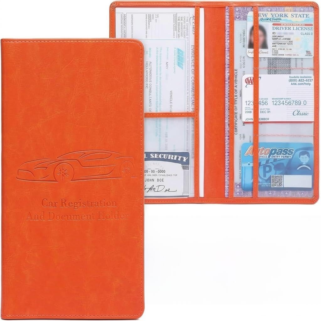 Car Registration and Insurance Holder Orange Faux Leather