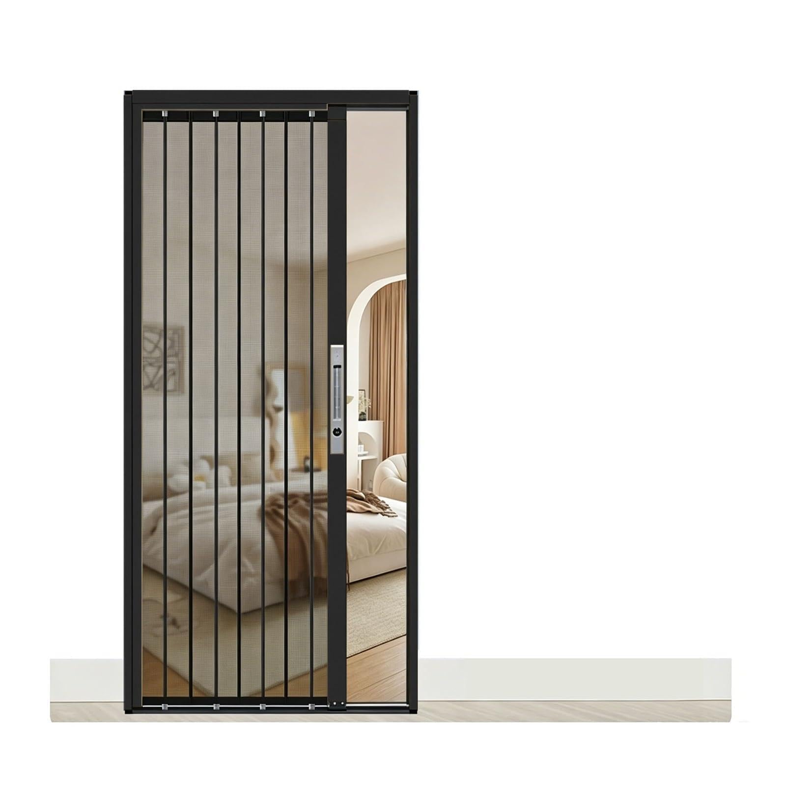 Bedroom Folding Door with Aluminum Frame, Retractable Door with Stainless Mesh Panel, Accordion Door for Front Entrance Balcony Home Use(Black,120x200cm(47x79in))