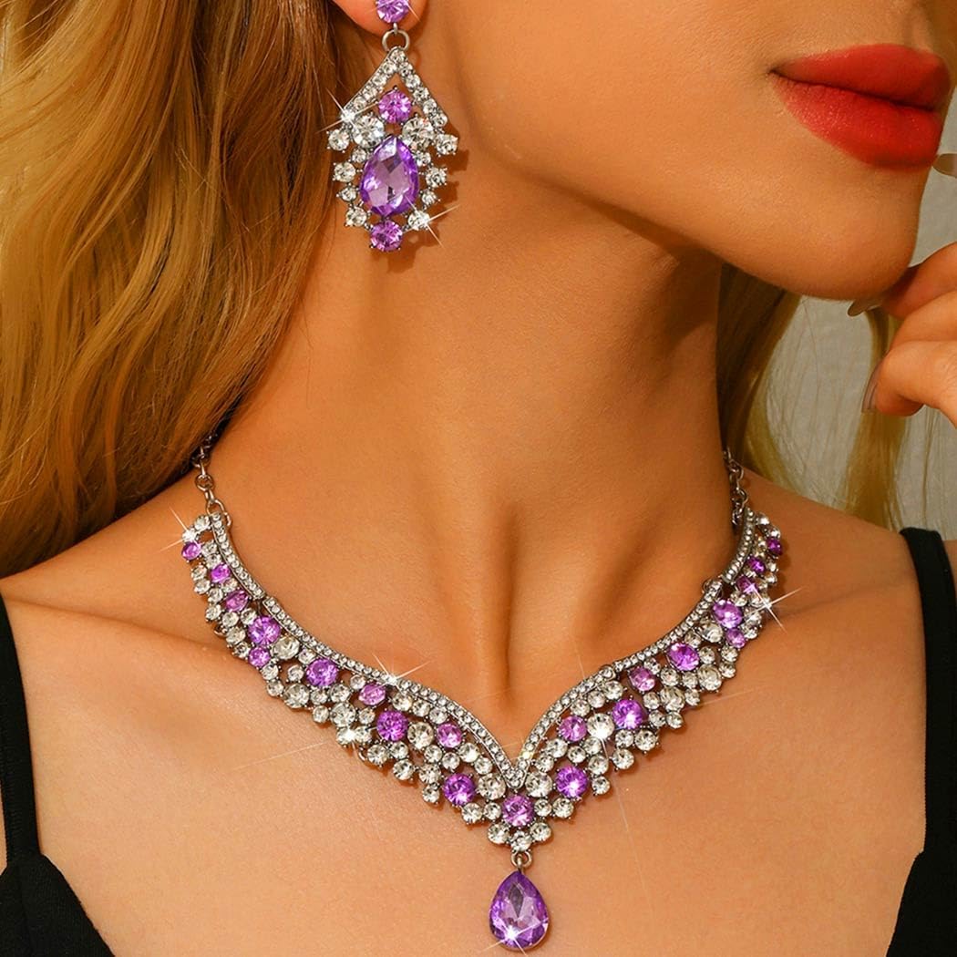 Aukmla Rhinestone Wedding Jewelry Sets Silver Crystal Bridal Necklaces and Earring Set Prom Jewelry for Brides and Women - Image 3