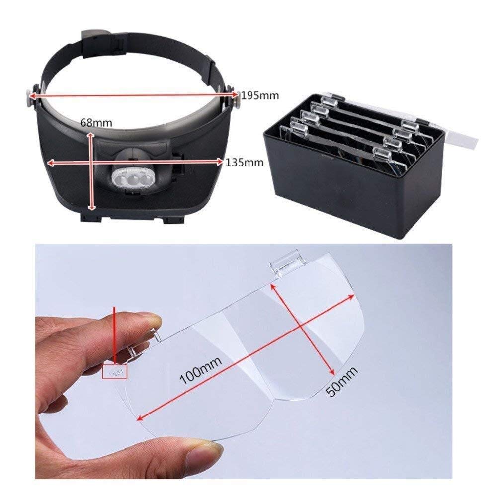 Lupa de pantalla 3.5 X Lupa de cabeza de iluminación, con tres lentes de acrílico HD de luz LED, y para reparar la evaluación de joyas talladas en negro 195 * 135 * 68Mm Lupa de abs Lupa con luz LED