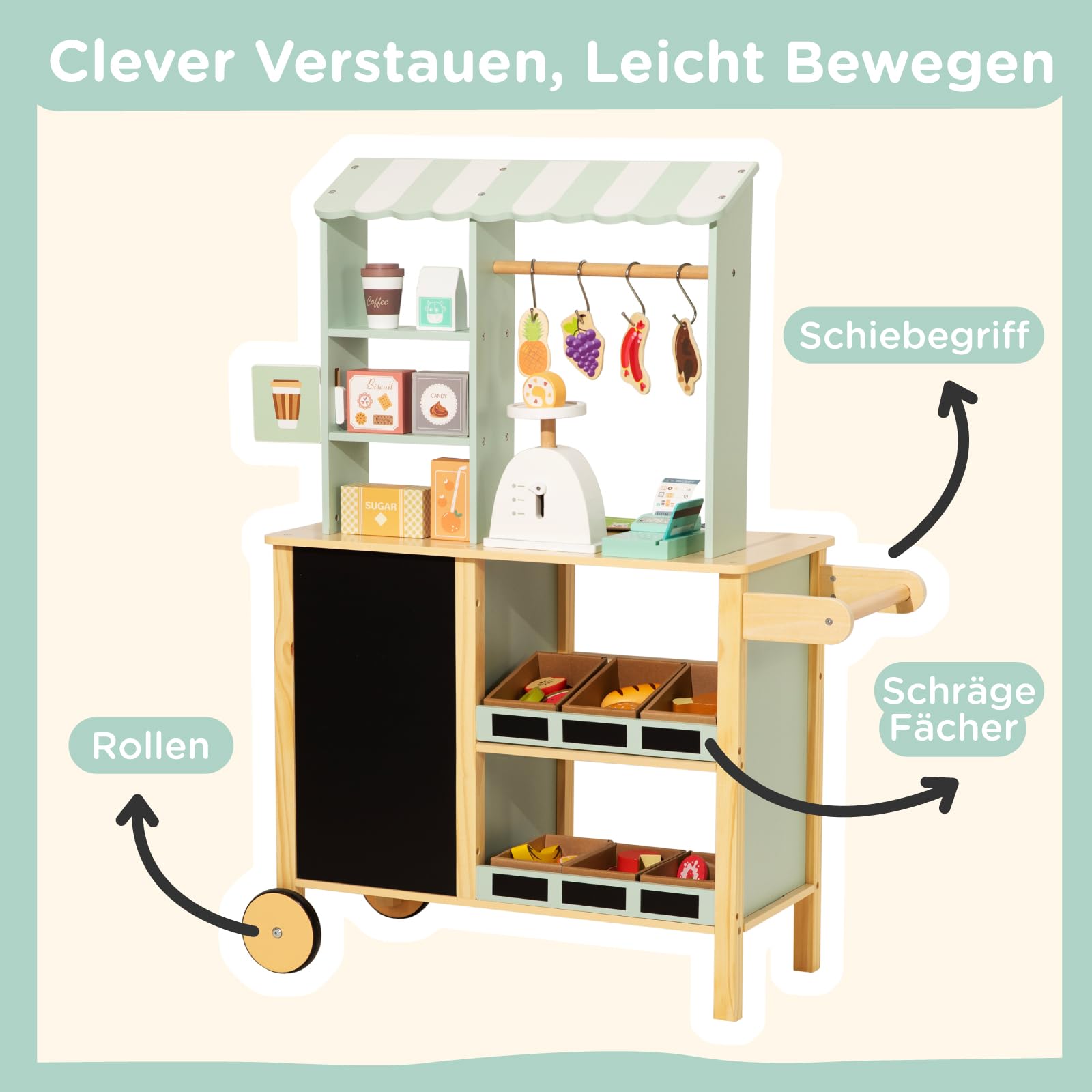 Nene Toys Kaufladen aus Holz – All-in-One Marktstand Supermarkt für Kinder mit Kasse, Waage, Kreidetafel, Hängestange, Fächern & Rollen – Wendeseite mit Ofen – Geschenkidee ab 3 Jahren – FSC-Holz