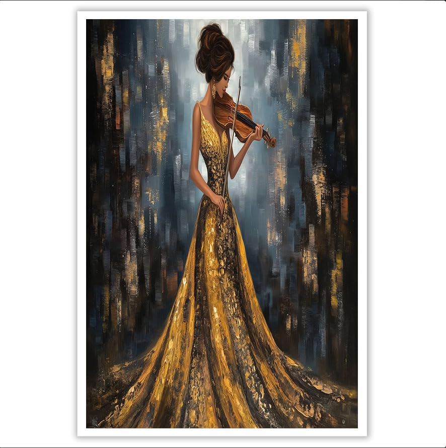 La mujer tocando el violín Oro Arte de la Pared Decoración Estilo cómico romántico Arte de la Pared para Dormitorio Cocina Comedor Oficina y Baño 40x30 cm Sin Marco