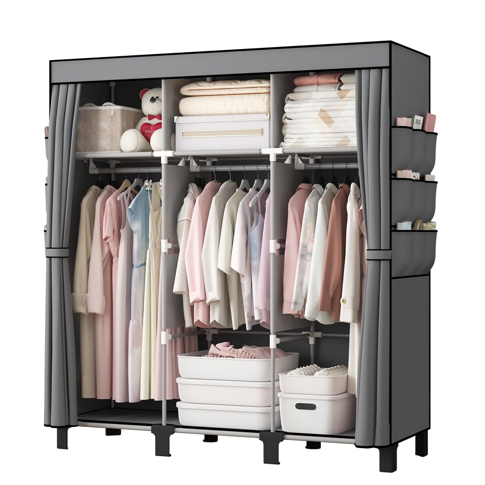 Tragbarer Schrankschrank mit 3 Hängebereichen und Seitentaschen, stabiler Kleideraufbewahrungs-Organizer mit Installationshammer, 51 W, schwarzer Schlafzimmerschrank (grau)