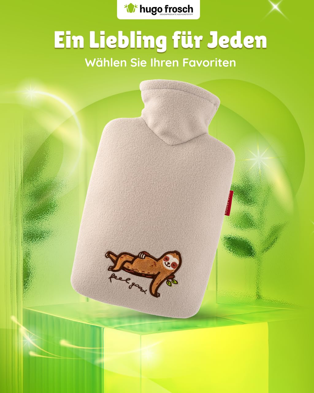 Hugo Frosch Bolsa de agua caliente clásica de 1,8 l – Fabricada en Alemania – con funda suave de forro polar "feel good" beige – botella grande a prueba de fugas y sin olor – con funda lavable