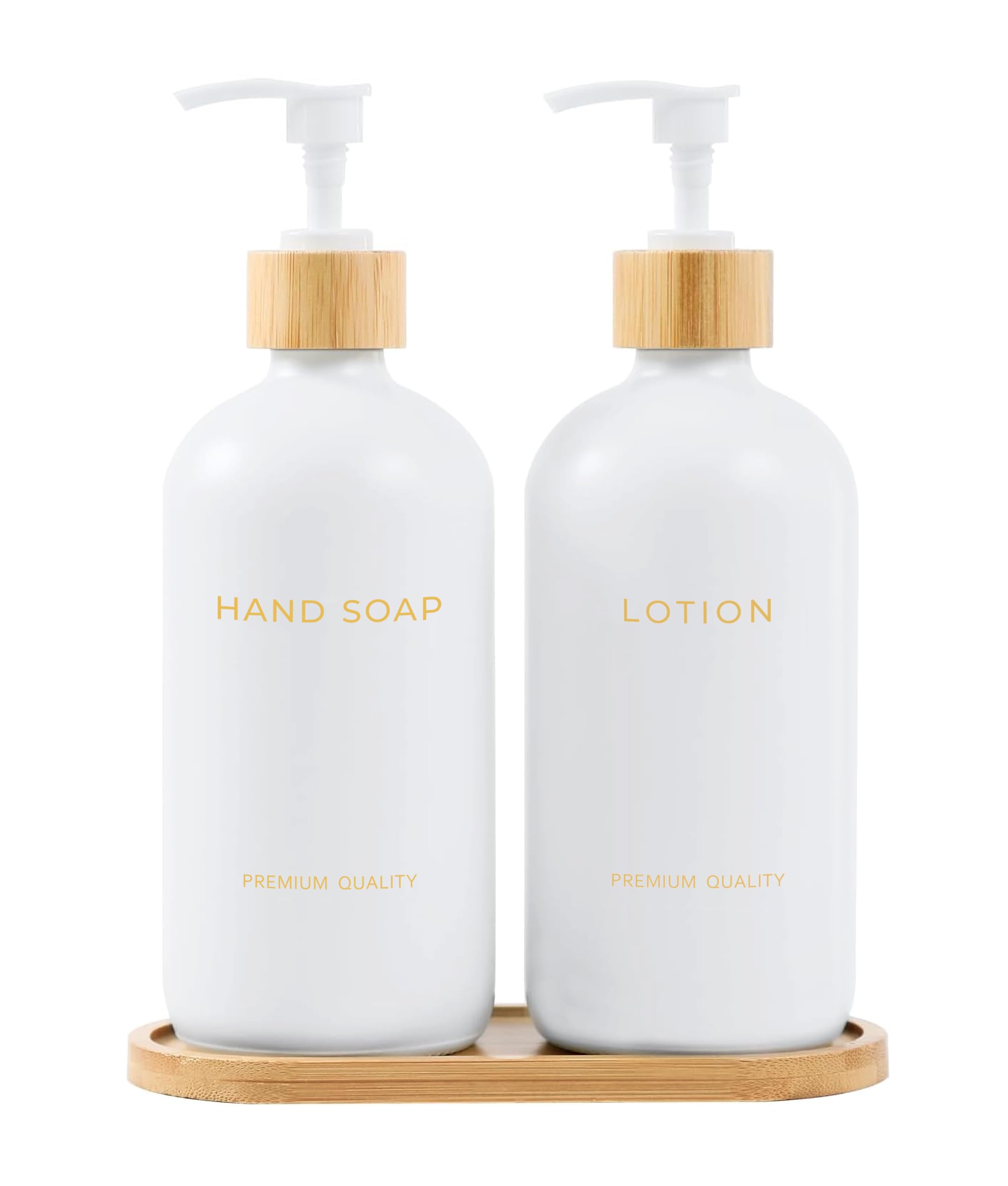 Set dispenser per sapone e lozioni in vetro con vassoio, dispenser di sapone liquido per le mani e pompa, accessori da bagno in bambù e decorazione moderna per il bagno (oro)