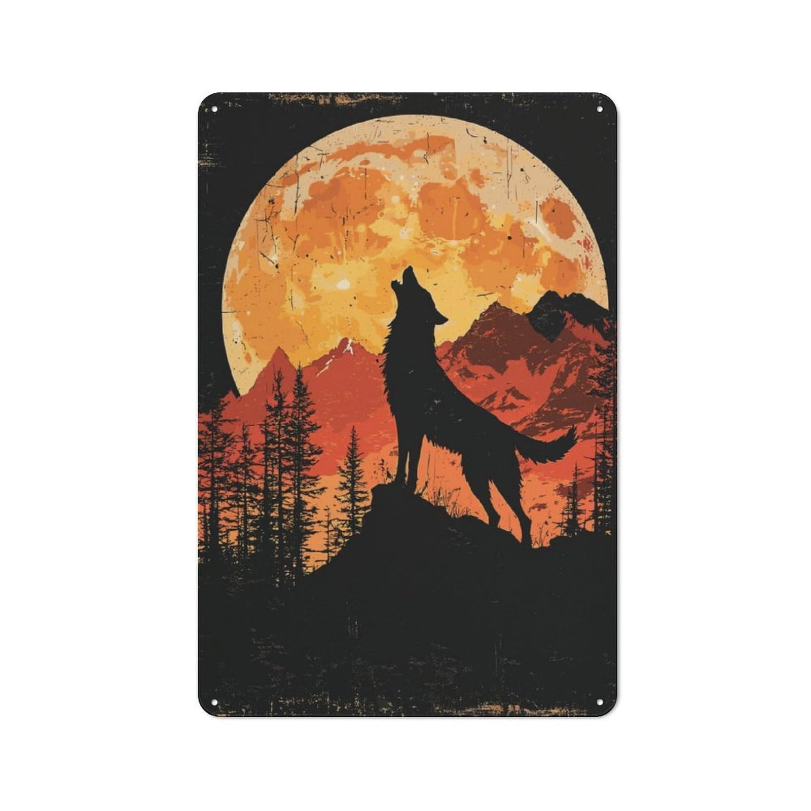 Junmoney Wolf Howling At The Moon Rustic Tin Sign 30X20cm Featuring For Bar Or Restaurant, A Housewarming Gift For Bar Decor Enthusiasts